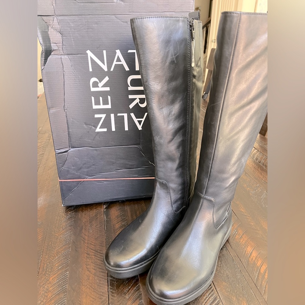 Women’s Black Leather Knee High Wedge Boot
